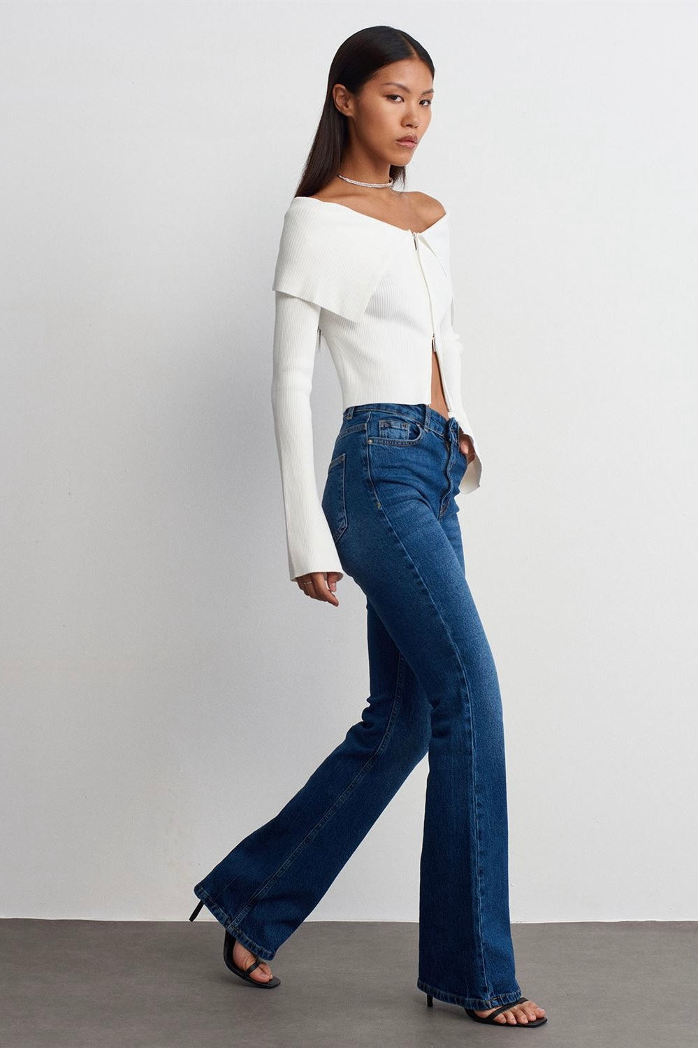 Off-Shoulder Zip-Up Ribbed Top