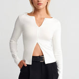 Zip Front Long Sleeve Top Cream