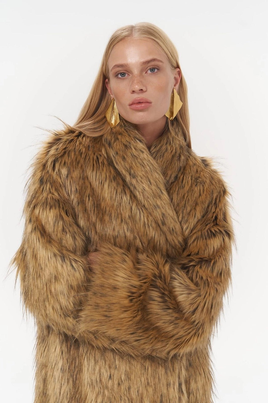 Aspen Faux Fur Long Coat in Tan