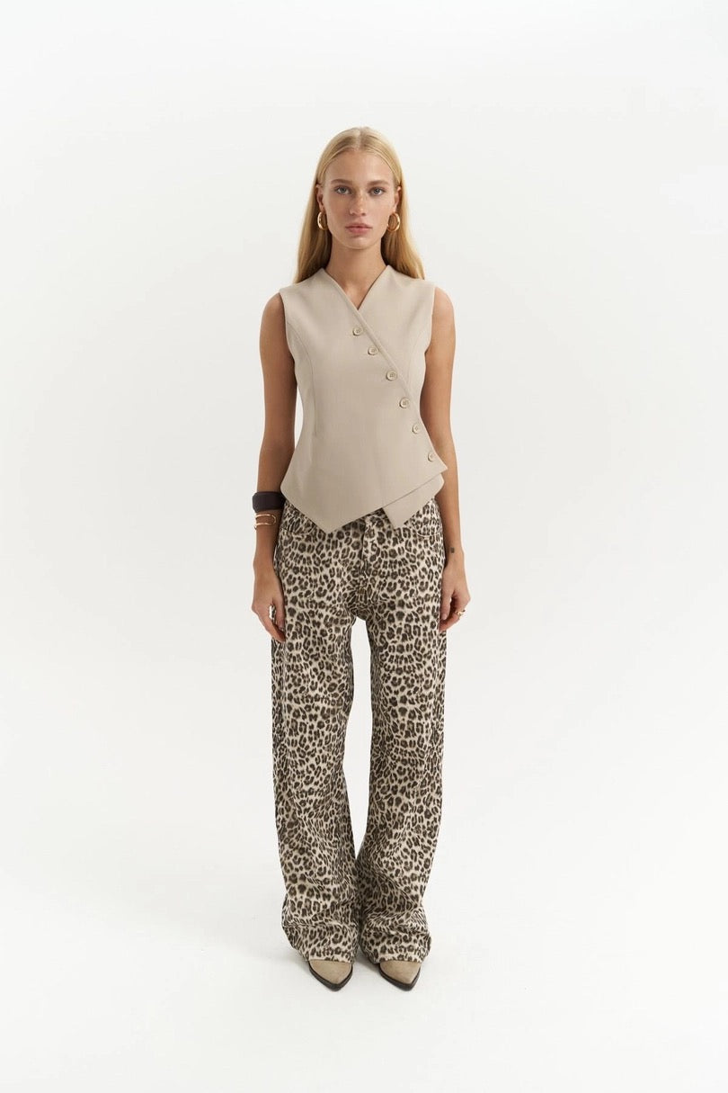 Asymmetric Buttoned Vest Burgundy Beige