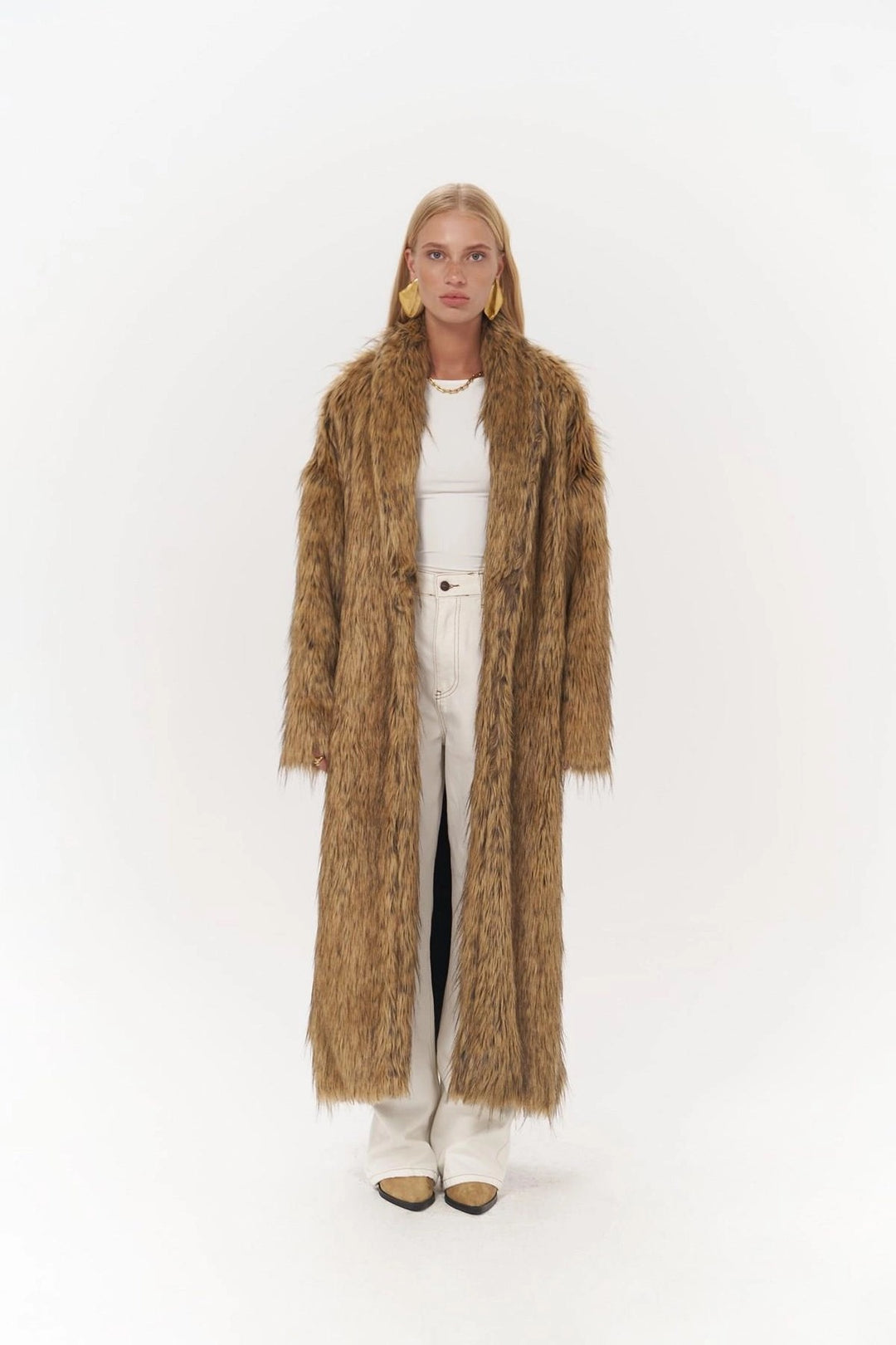 Aspen Faux Fur Long Coat in Tan