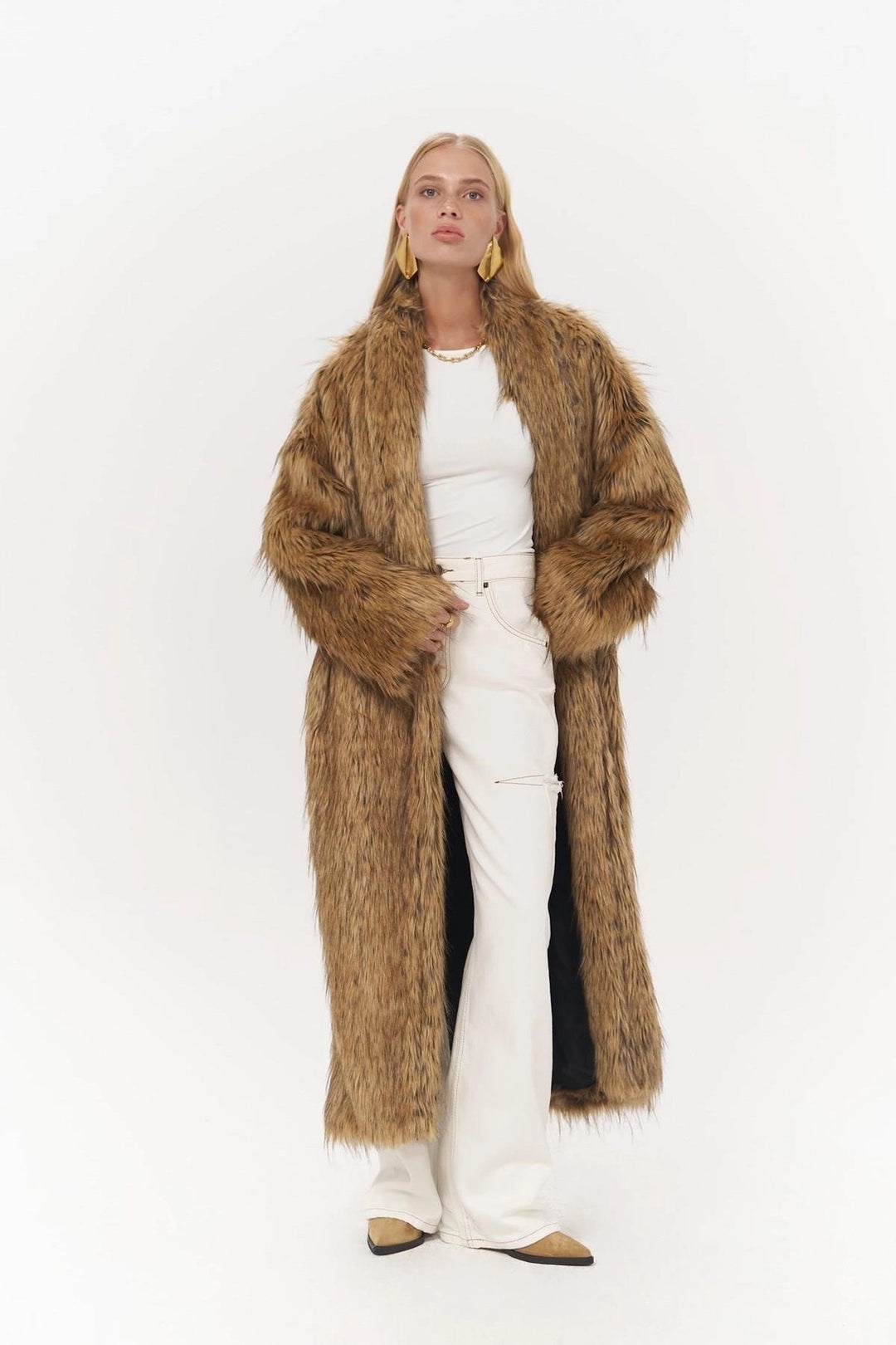 Aspen Faux Fur Long Coat in Tan