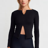 Zip Front Long Sleeve Top Black