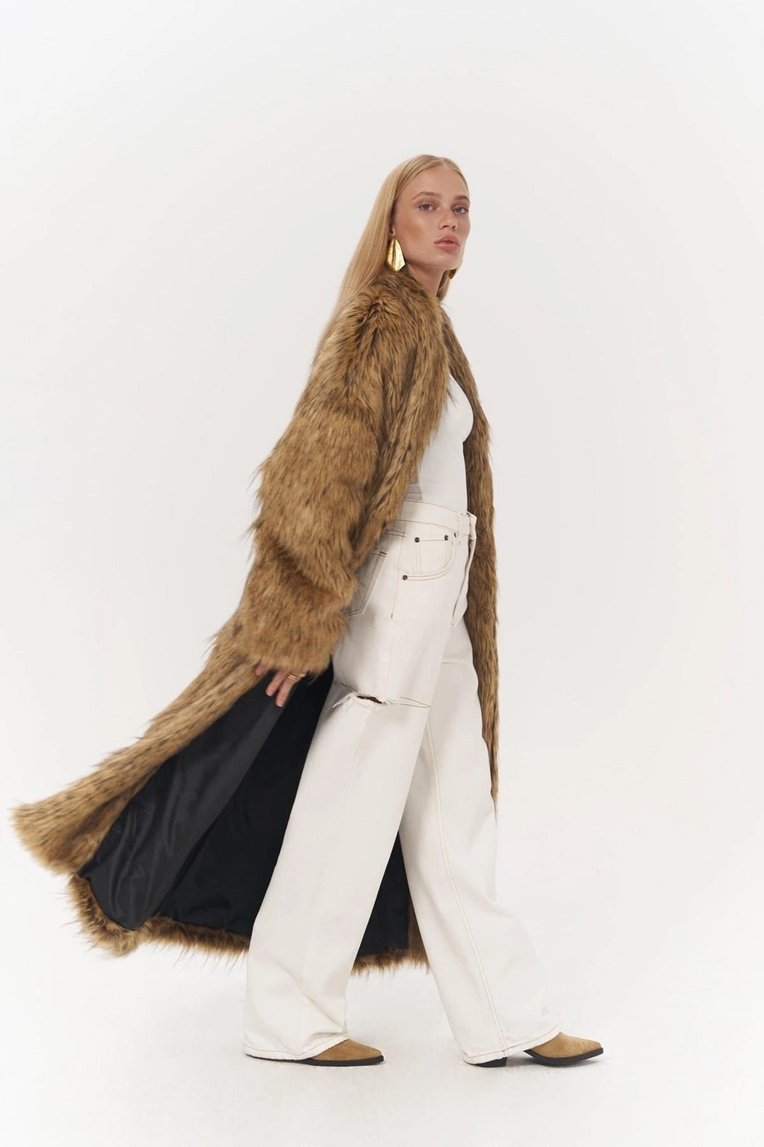 Aspen Faux Fur Long Coat in Tan