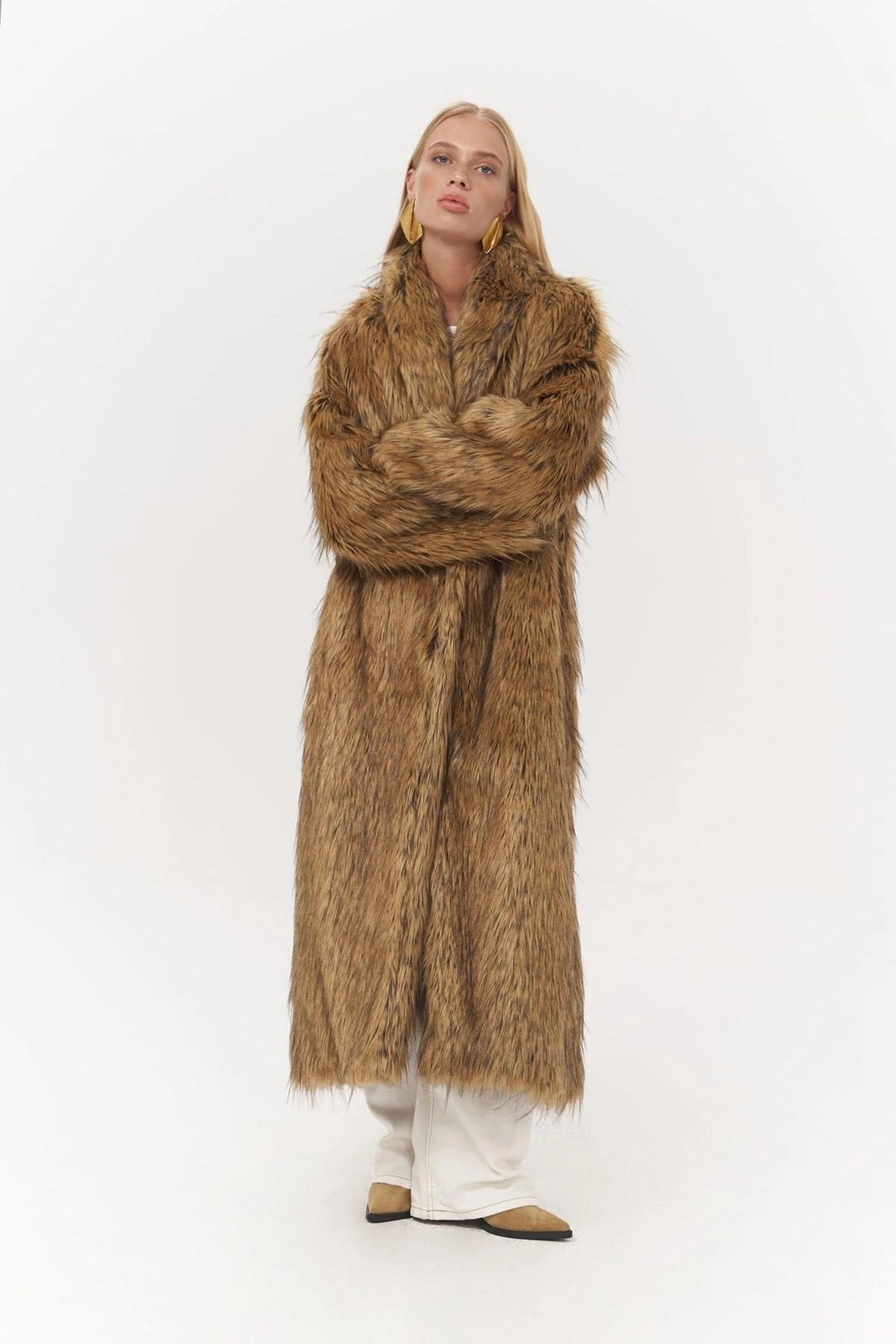 Aspen Faux Fur Long Coat in Tan