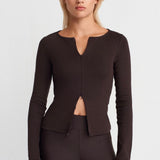 Zip Front Long Sleeve Top Brown