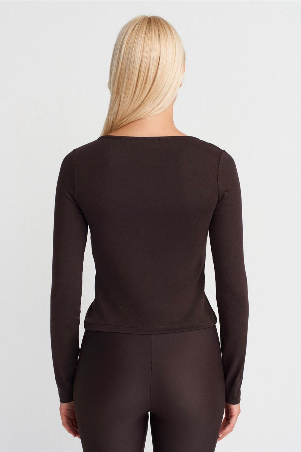 Zip Front Long Sleeve Top Brown