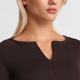 Zip Front Long Sleeve Top Brown