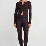 Zip Front Long Sleeve Top Brown