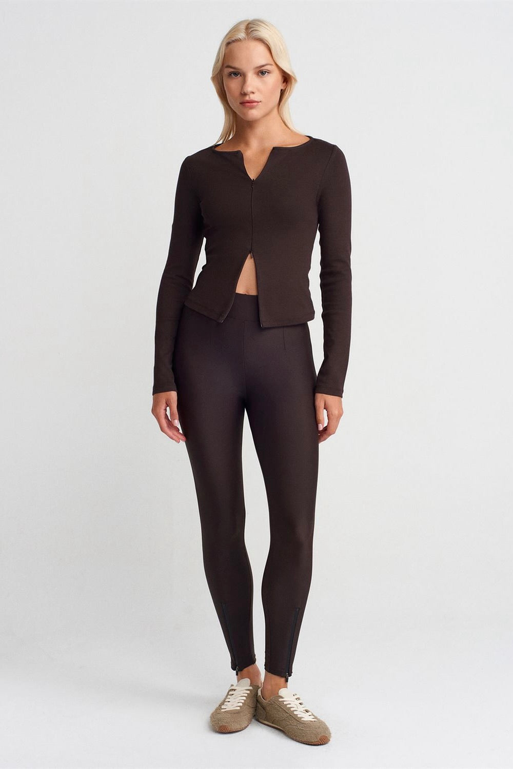 Zip Front Long Sleeve Top Brown