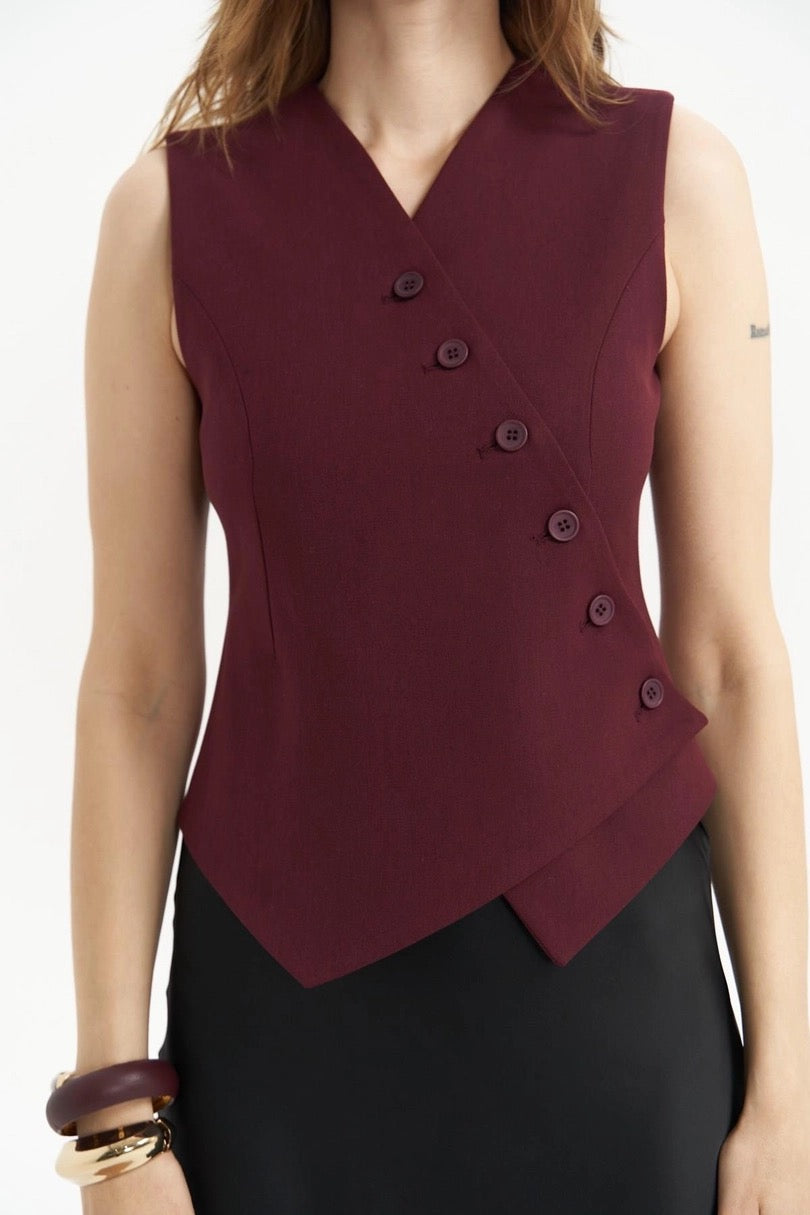 Asymmetric Buttoned Vest Burgundy