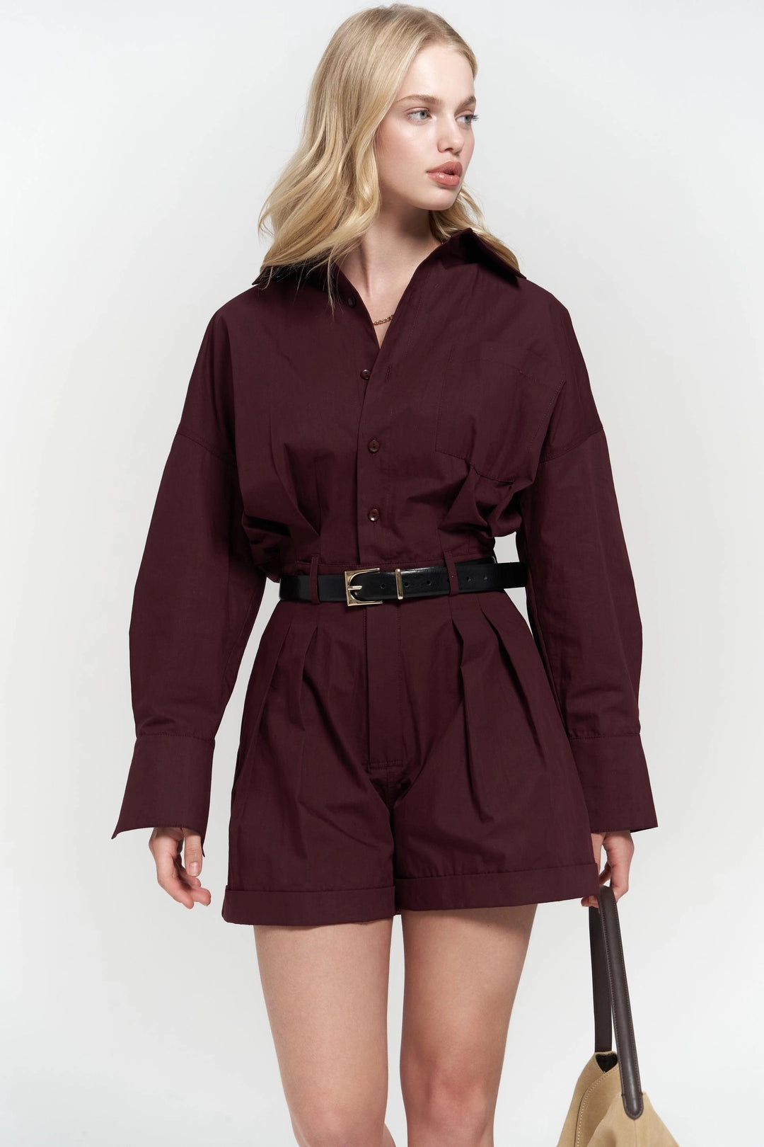 Button Detailed Utility Short Jumpsuit Burgundy