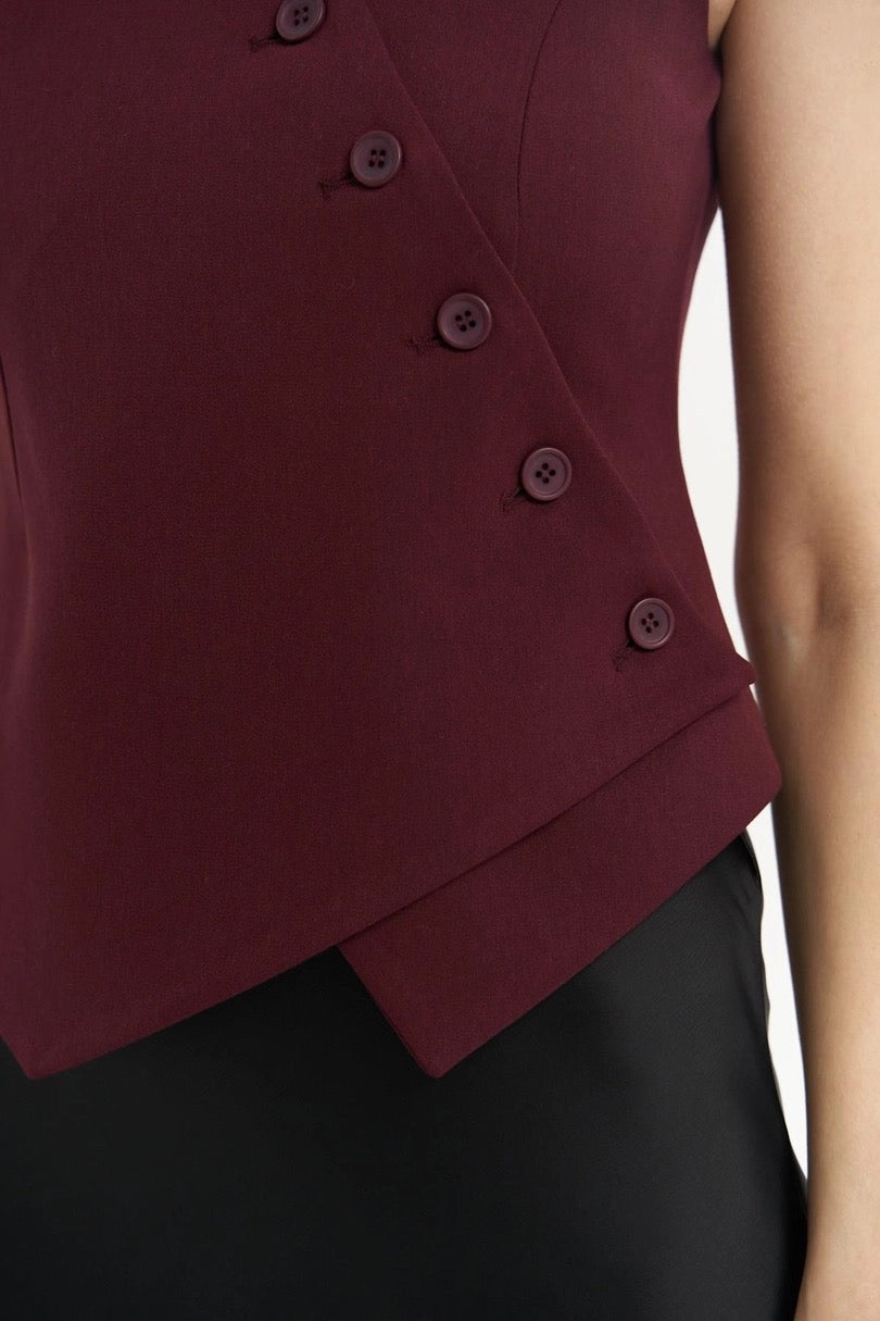 Asymmetric Buttoned Vest Burgundy
