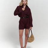 Button Detailed Utility Short Jumpsuit Burgundy