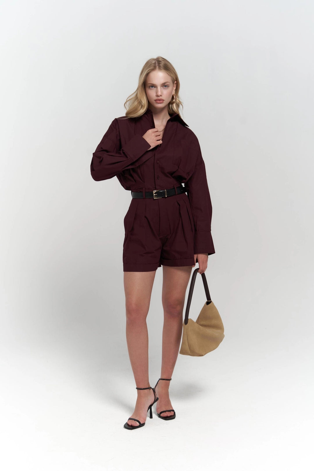 Button Detailed Utility Short Jumpsuit Burgundy