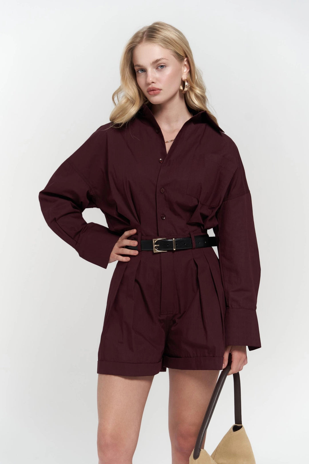 Button Detailed Utility Short Jumpsuit Burgundy