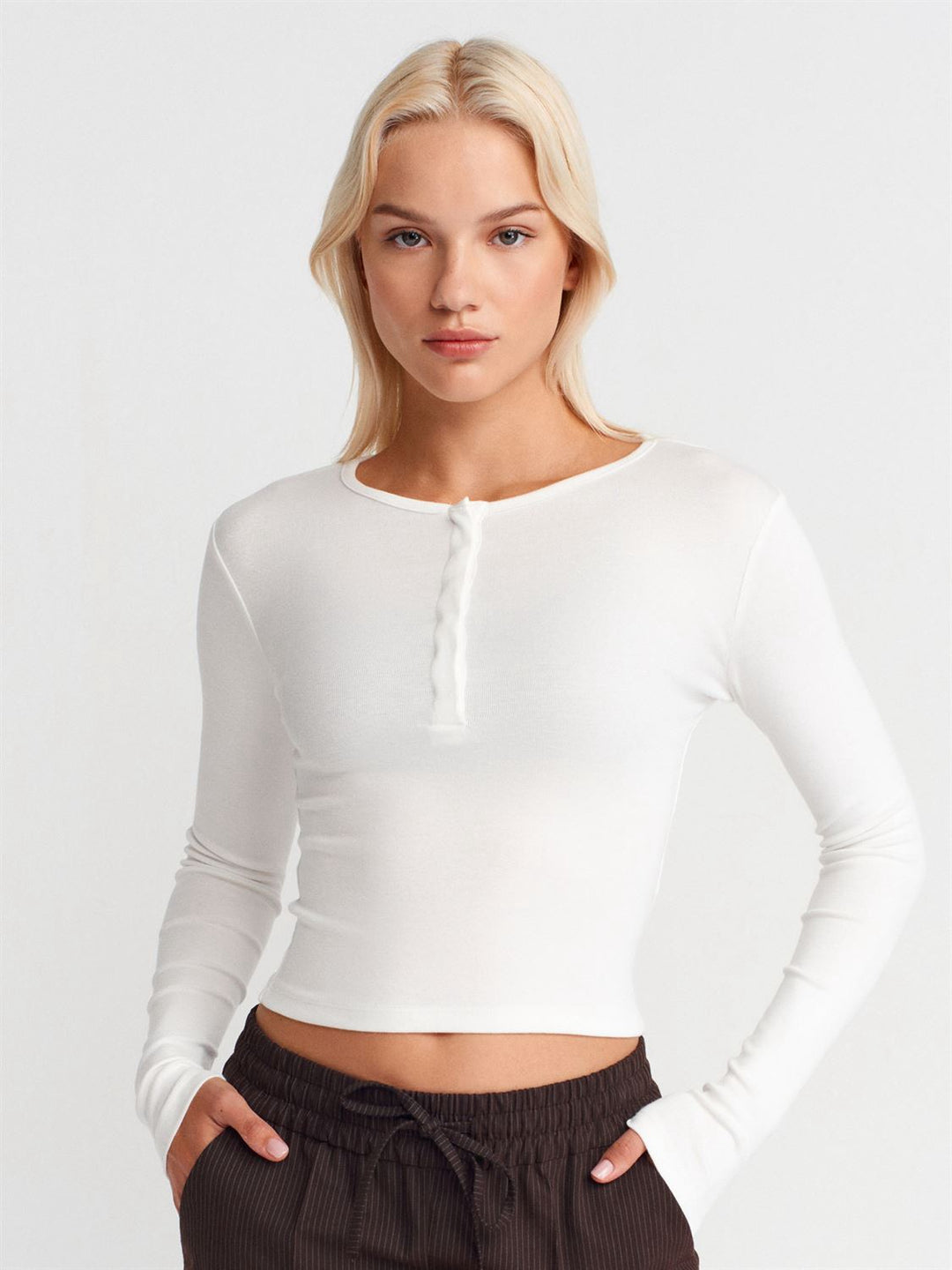 Soft Modal Ribbed Buttoned Long Sleeve Top
