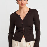 Notch Button Rib Top Brown