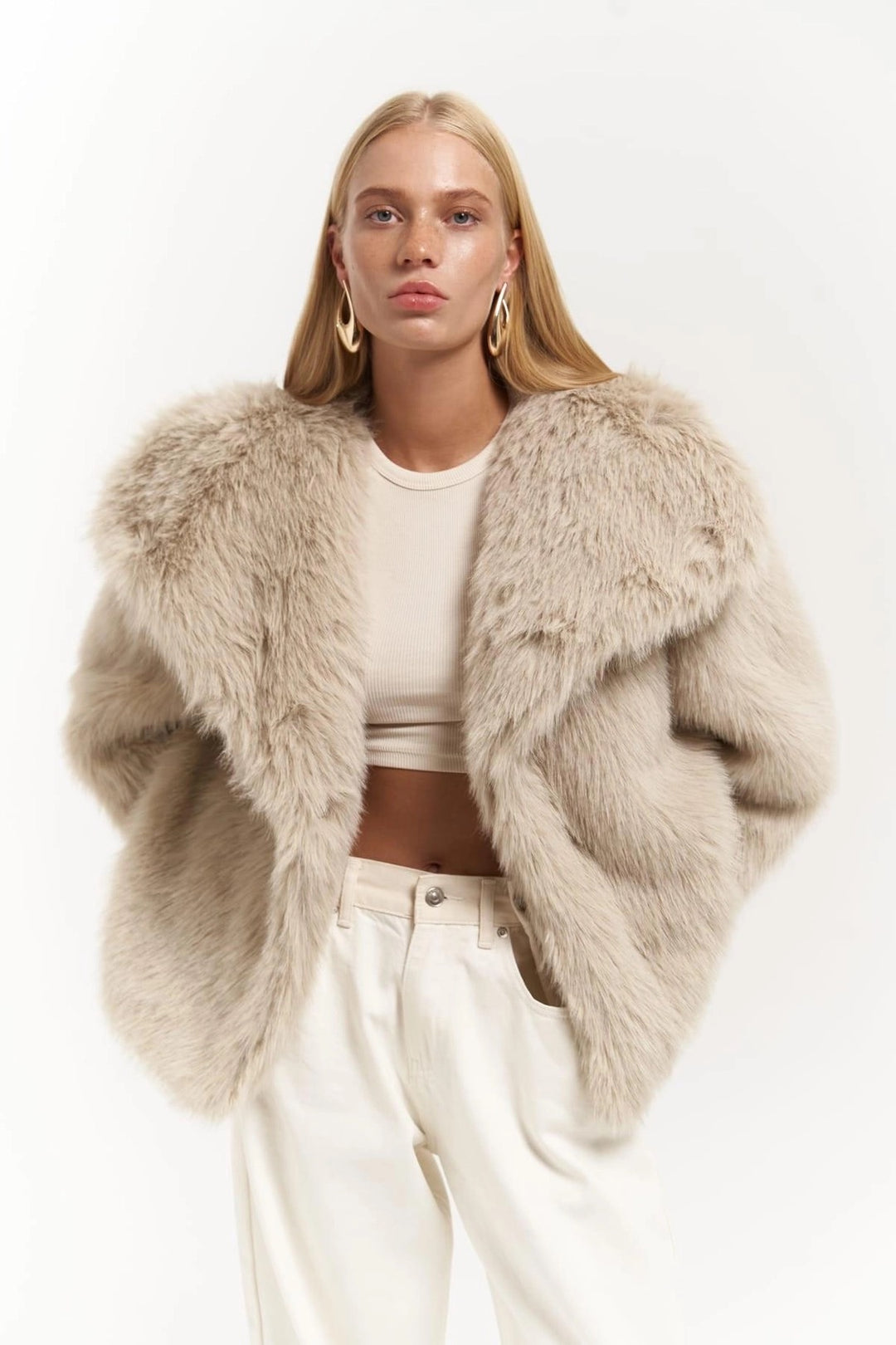 Plush Snap-Front Oversized Fur Jacket