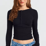 Soft Modal Ribbed Buttoned Long Sleeve Top
