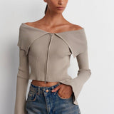 Off-Shoulder Zip-Up Ribbed Top