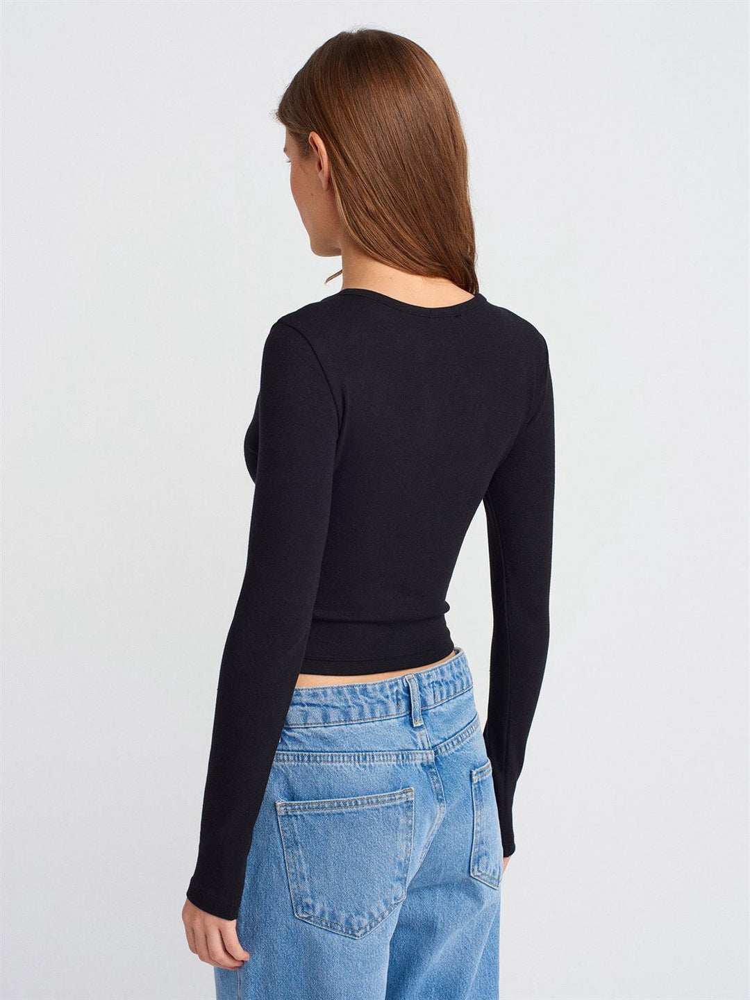 Soft Modal Ribbed Buttoned Long Sleeve Top
