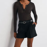 Soft Modal Ribbed Buttoned Long Sleeve Top