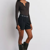 Soft Modal Ribbed Buttoned Long Sleeve Top