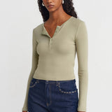Soft Modal Ribbed Buttoned Long Sleeve Top