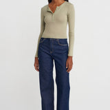 Soft Modal Ribbed Buttoned Long Sleeve Top