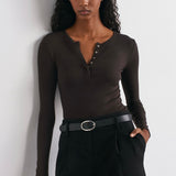Soft Modal Ribbed Buttoned Long Sleeve Top