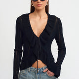 Ruffle Trim Deep V Knit Top