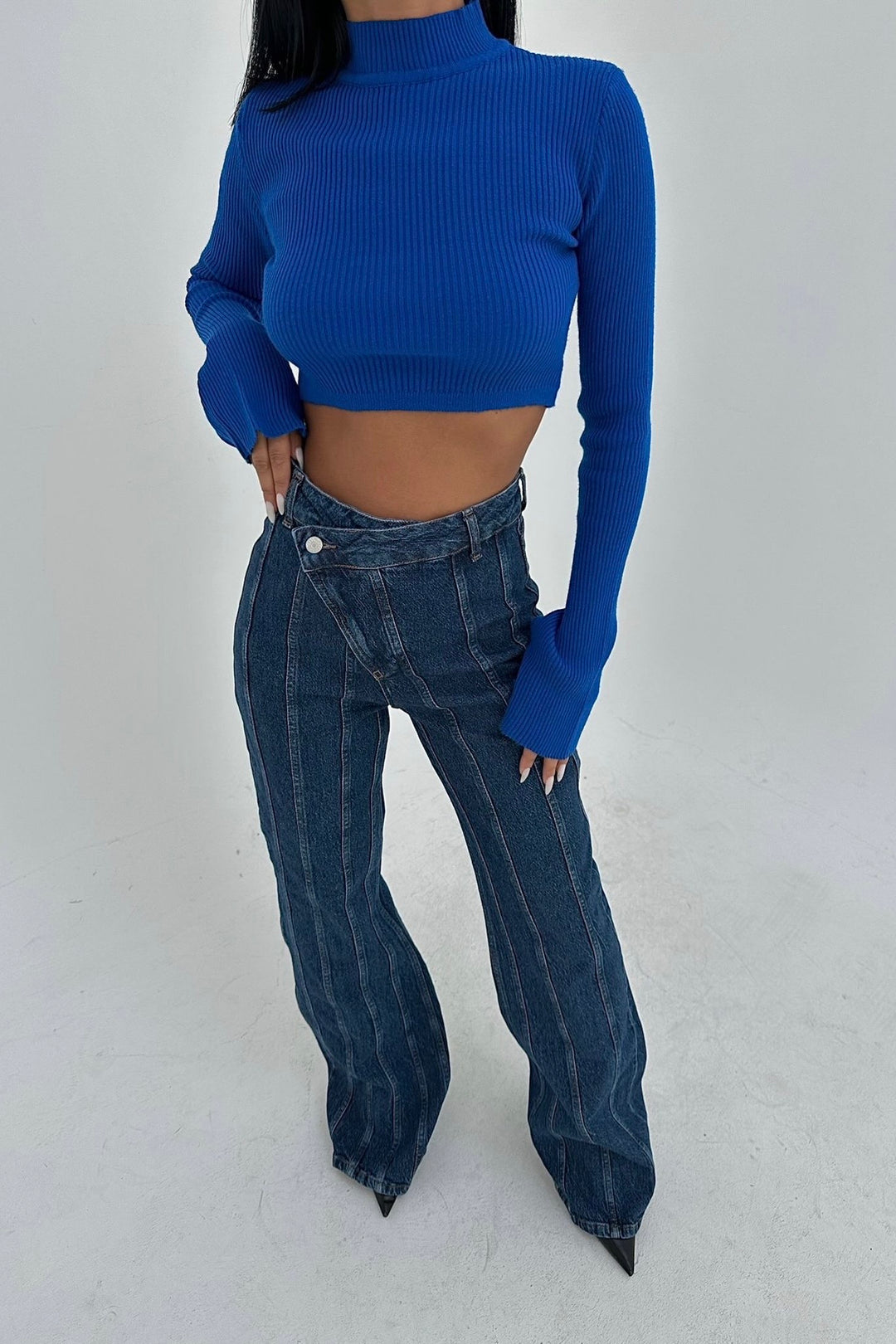 Cross-Button Flared Denim with Stitch Detailing
