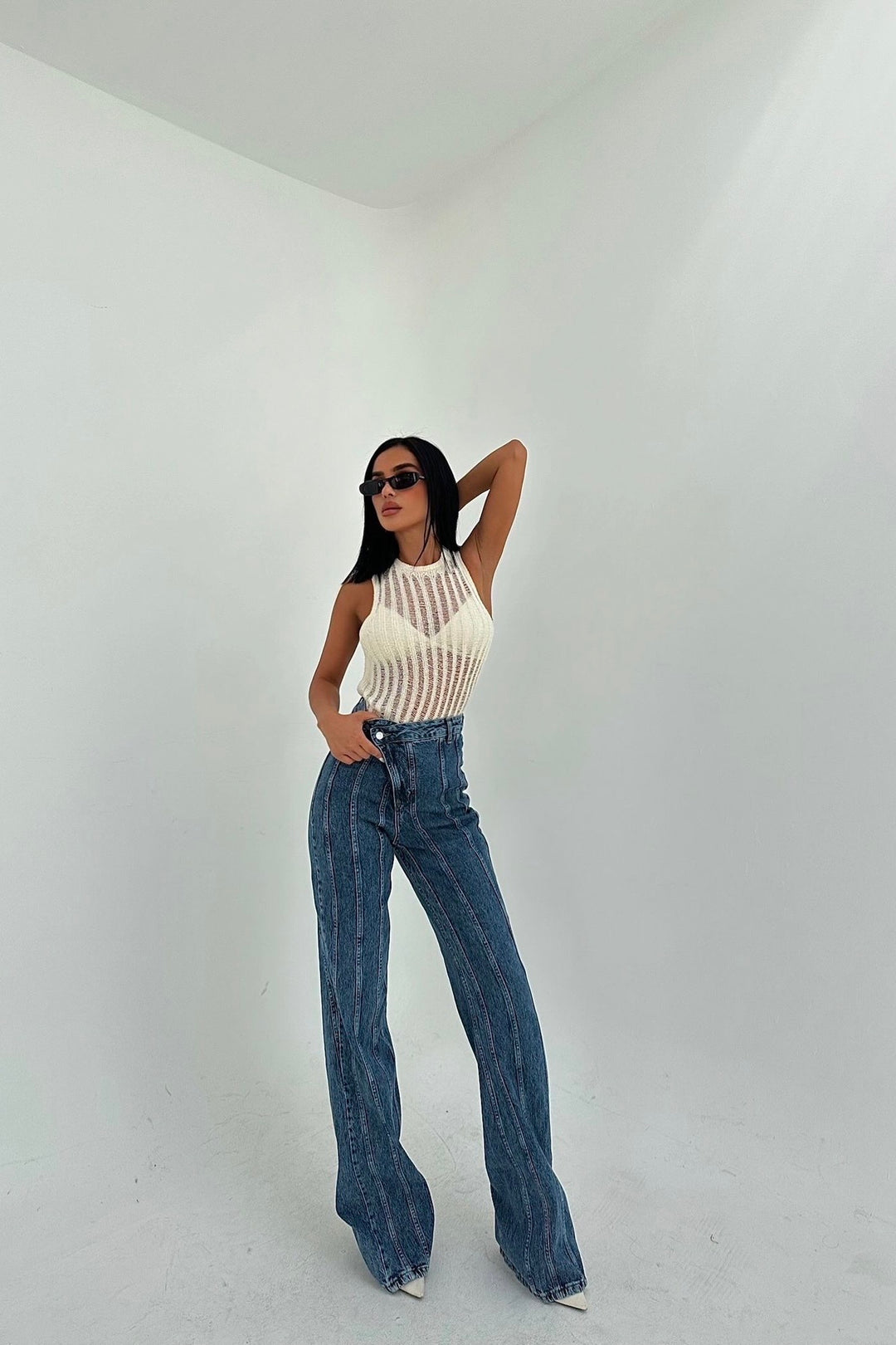 Cross-Button Flared Denim with Stitch Detailing