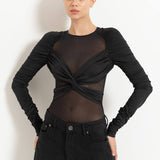 Twist Front Ruched Mesh Bodysuit