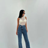 Cross-Button Flared Denim with Stitch Detailing