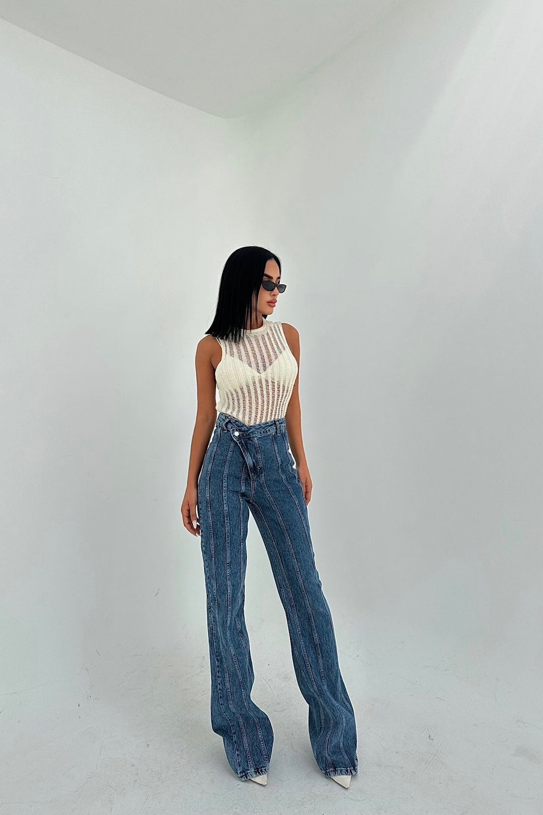 Cross-Button Flared Denim with Stitch Detailing