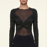 Twist Front Ruched Mesh Bodysuit