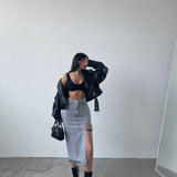 Belt Design Midi Slit Denim Skirt