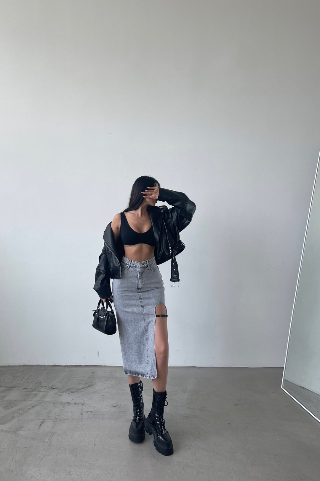 Belt Design Midi Slit Denim Skirt