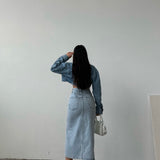 Belt Design Midi Slit Denim Skirt