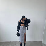 Belt Design Midi Slit Denim Skirt