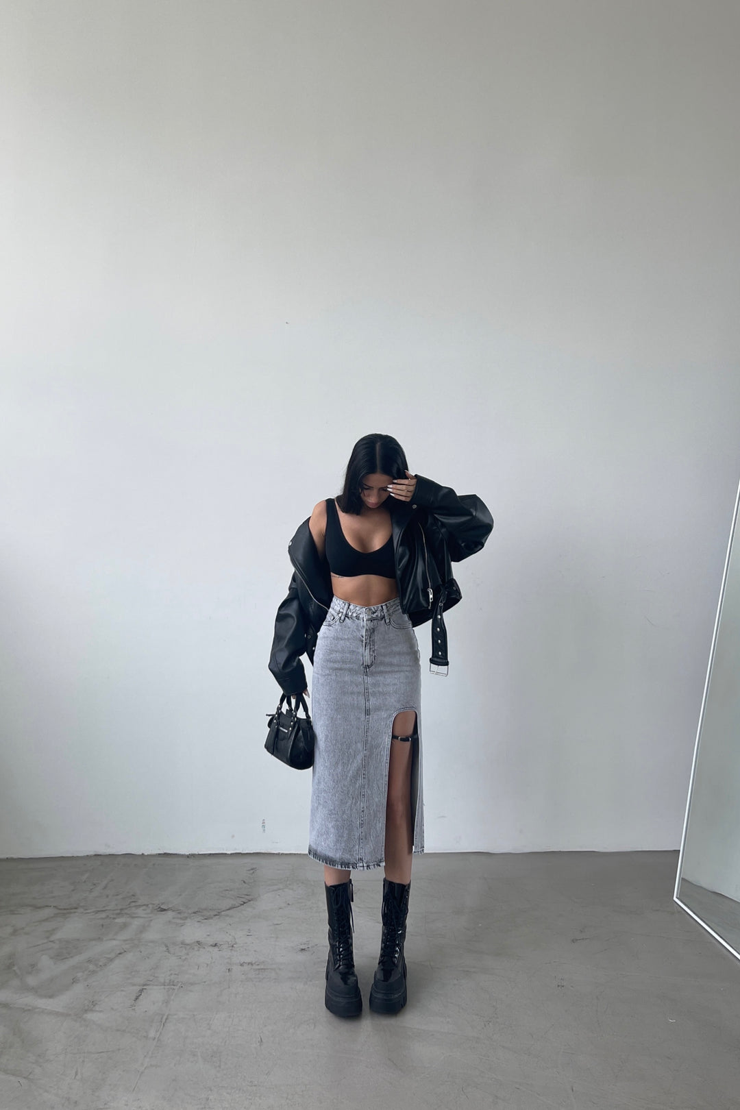 Belt Design Midi Slit Denim Skirt