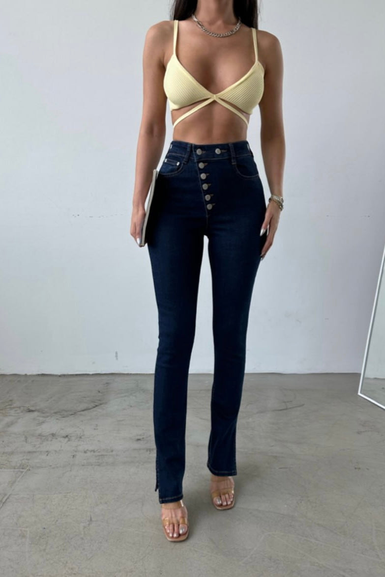 Asymmetric Five Buttons Skinny Split Jeans