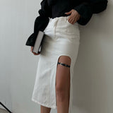 Belt Design Midi Slit Denim Skirt