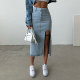 Belt Design Midi Slit Denim Skirt