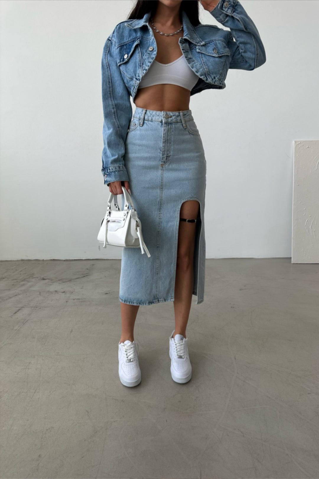 Belt Design Midi Slit Denim Skirt