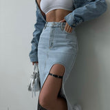 Belt Design Midi Slit Denim Skirt