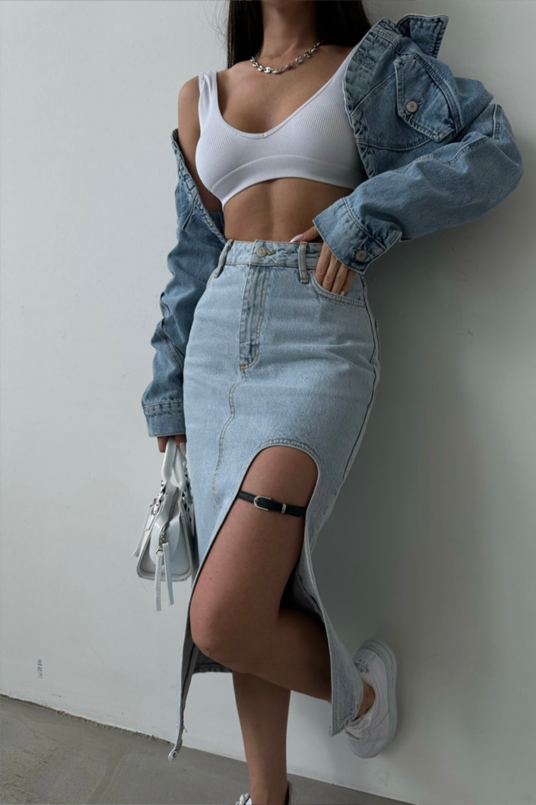 Belt Design Midi Slit Denim Skirt