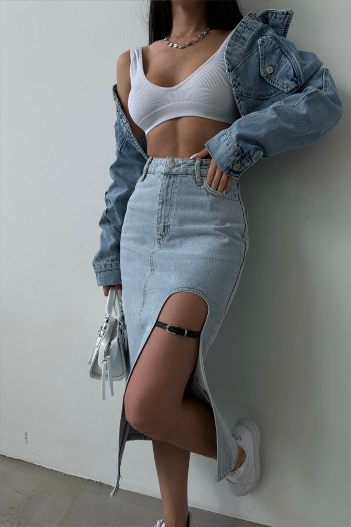 Belt Design Midi Slit Denim Skirt